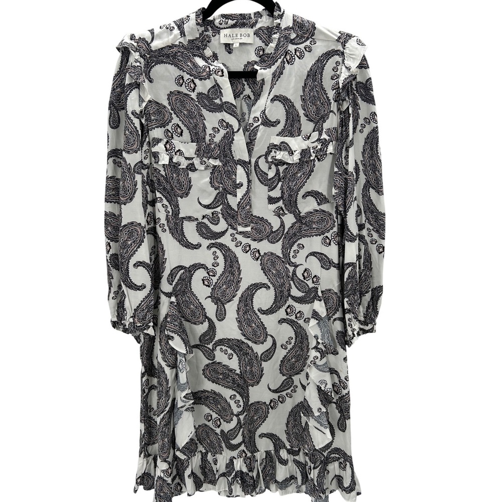 Hale Bob Paisley Print Ruffle V Neck Long Sleeve Silk Blend Midi‎ Dress Sz Large